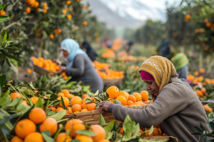 farm-workers-are-picking-ripe-oranges-putting-them-wicker-baskets-large-orchard_1103944-17740